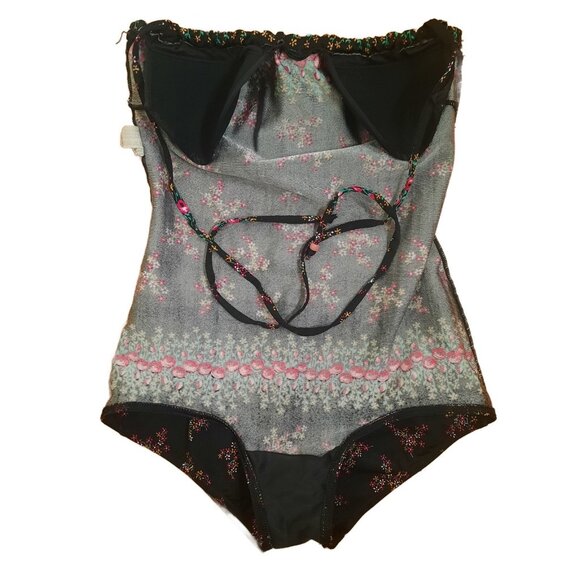 Vintage 70s Slix Swimsuit Black Pink Floral Halter Bathing Suit One Piece XS - Picture 14 of 14